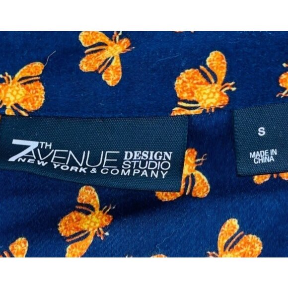 7th Avenue NY & Company Button Down Blouse Blue Yellow Bee Print Career sz Small - Picture 2 of 5